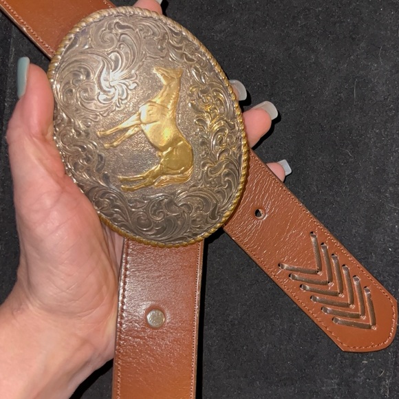 Brown Leather Belt with Gold and Silver Buckle - Picture 1 of 4